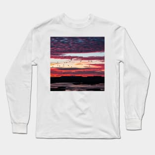 Pink and Purple Sunset with Birds in Iceland Long Sleeve T-Shirt